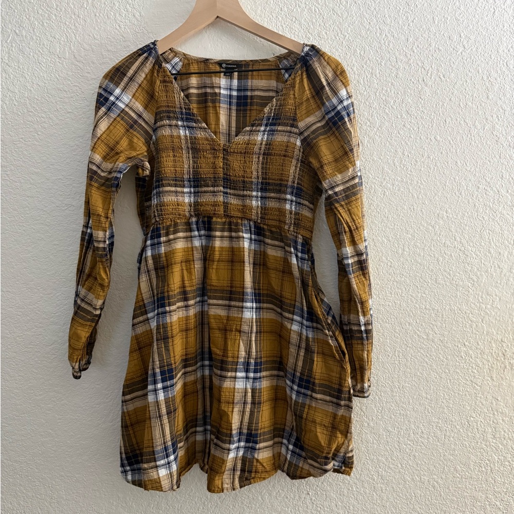 Versona Mustard and Blue Plaid Long Sleeve Dress